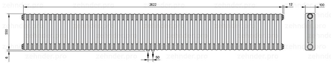 Схема (чертеж) Радиатор Zehnder Charleston 3055/57 №3470 Белый глянцевый RAL 9016